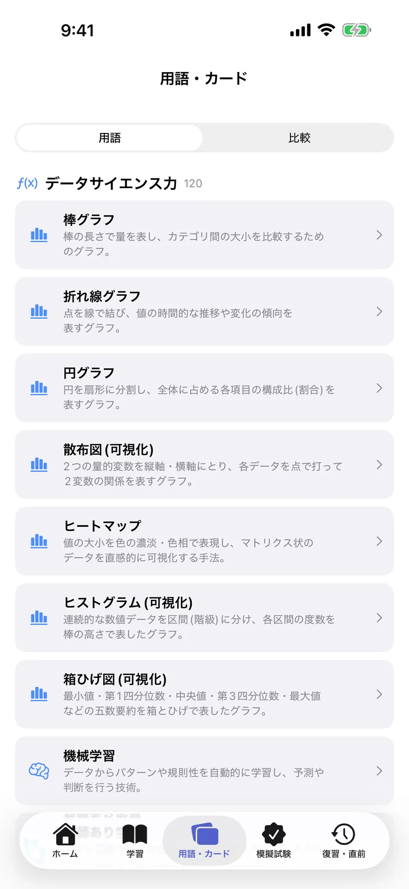 DS検定 リテラシー 模試問題集の画面：用語・比較カードで総仕上げ