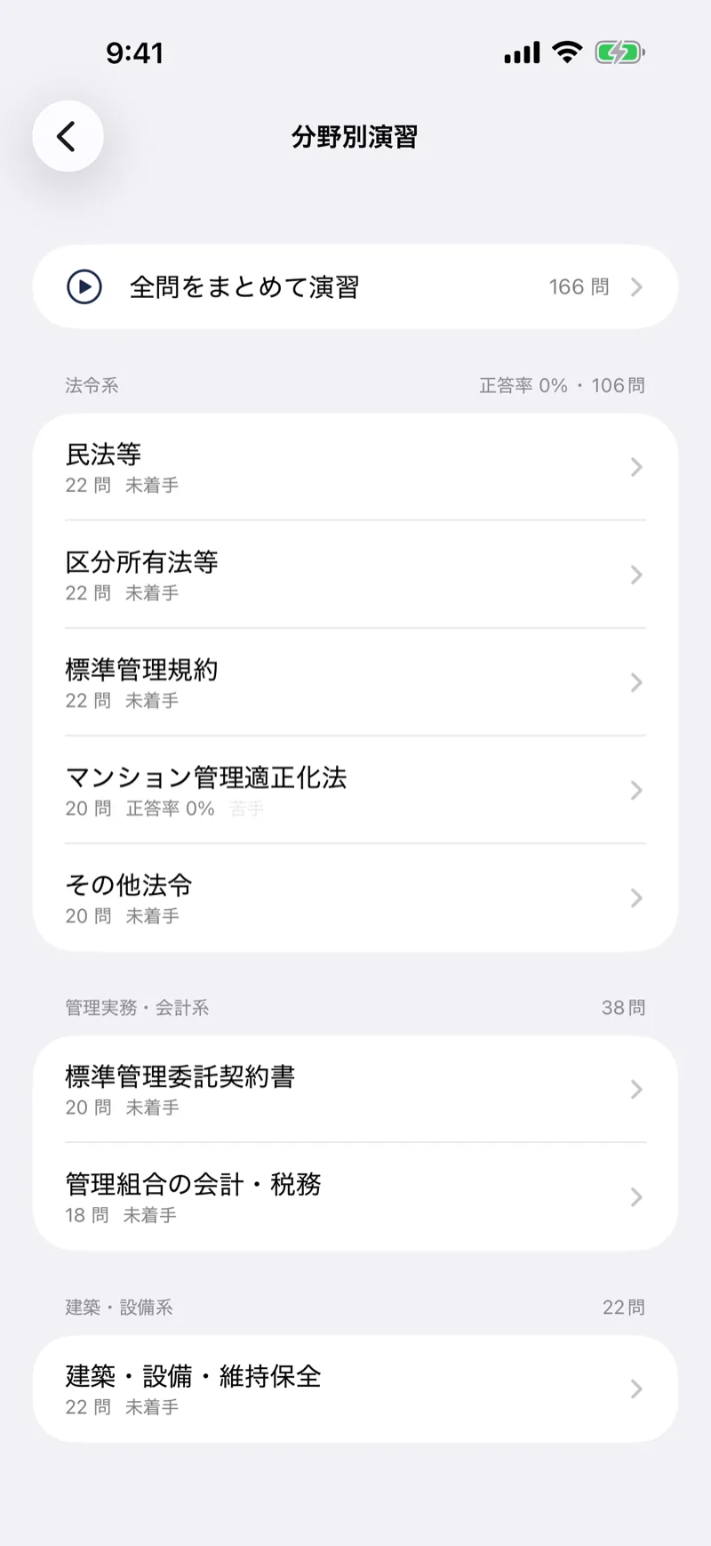 管業ドリル|管理業務主任者 問題集・模試の画面:8分野の分野別演習