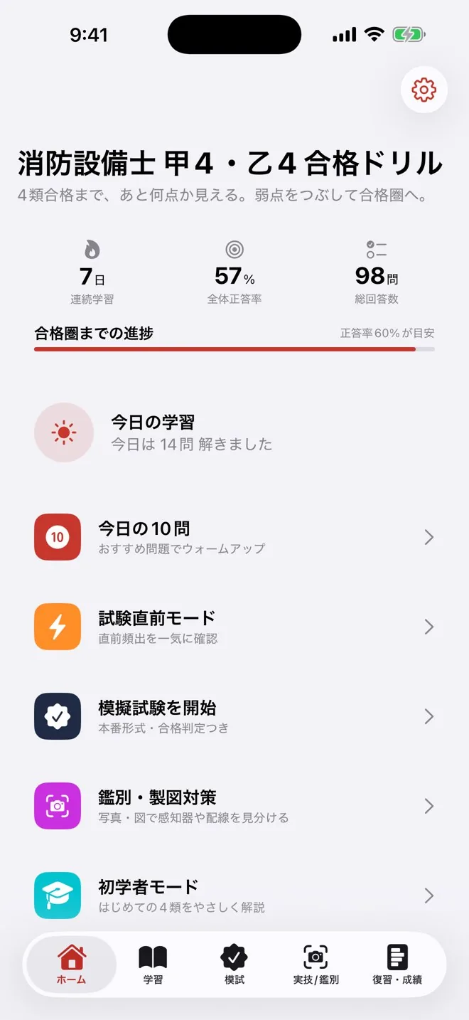 消防設備士 甲4・乙4 合格ドリルのホーム画面。合格までの進捗と、今日の学習・模擬試験・鑑別/製図対策などのメニュー。