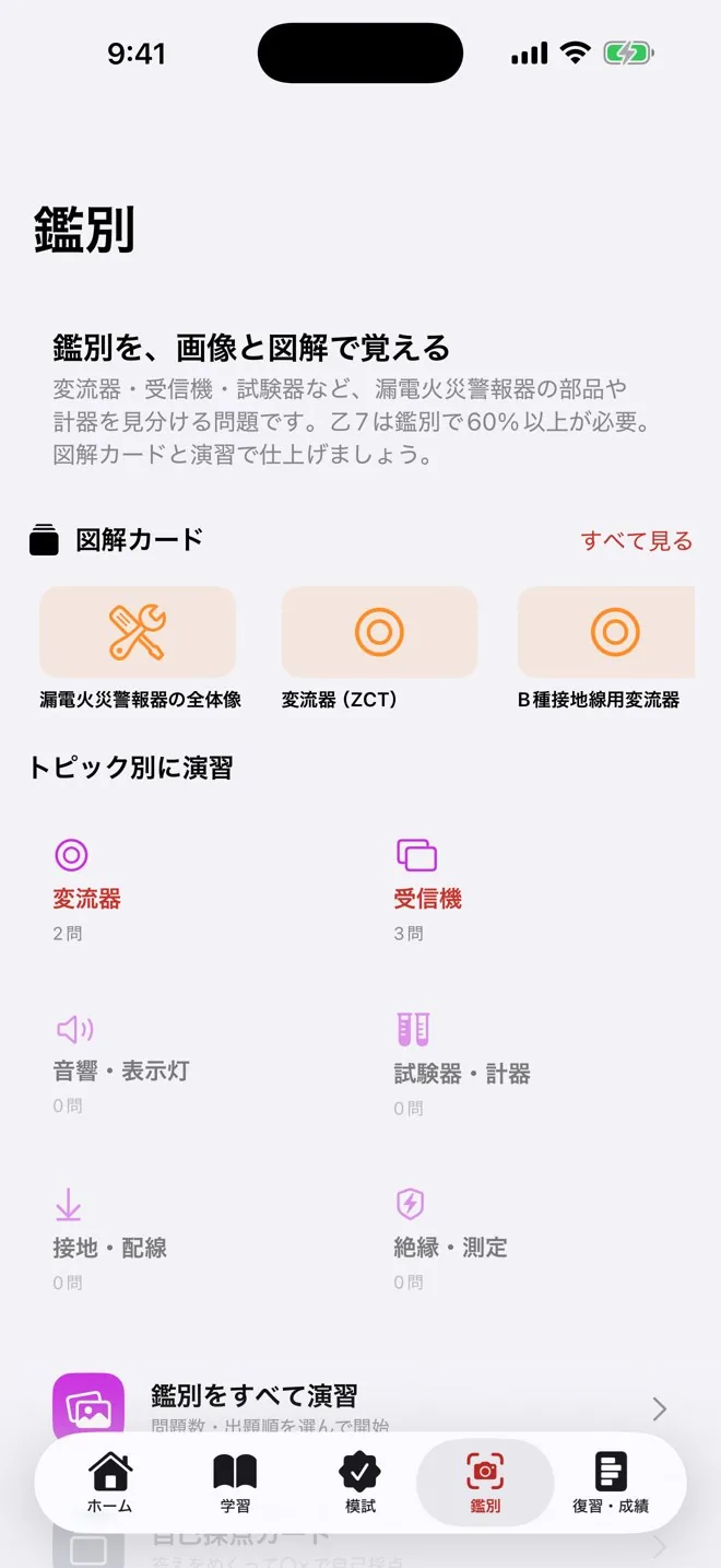 鑑別対策の画面。漏電火災警報器の部品の写真から名称・用途を答える実技問題。